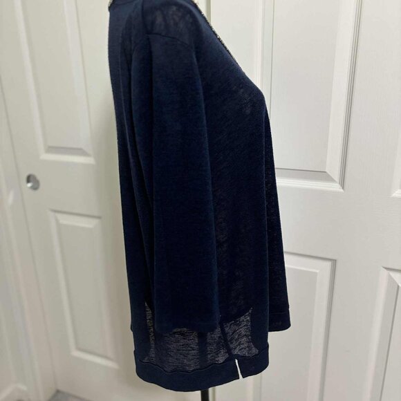 Women's Navy Blue Cold Shoulder QTR-Sleeve Knit Top with Gems around the V-Neck - Picture 3 of 7